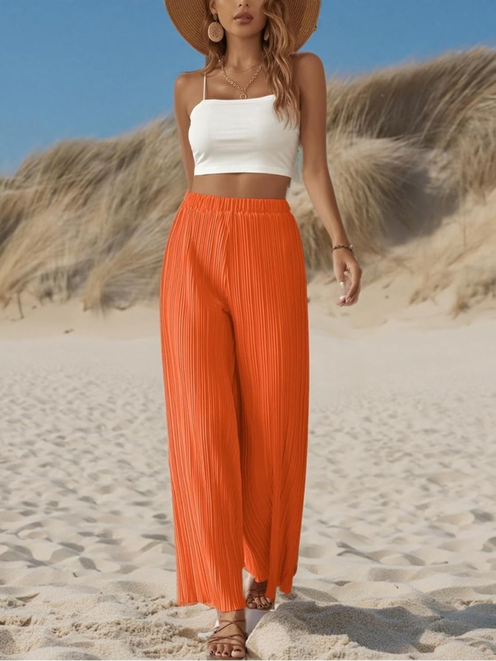 ACOA Pleated Wide Leg Pants Burnt Orange Satin Flowy XS